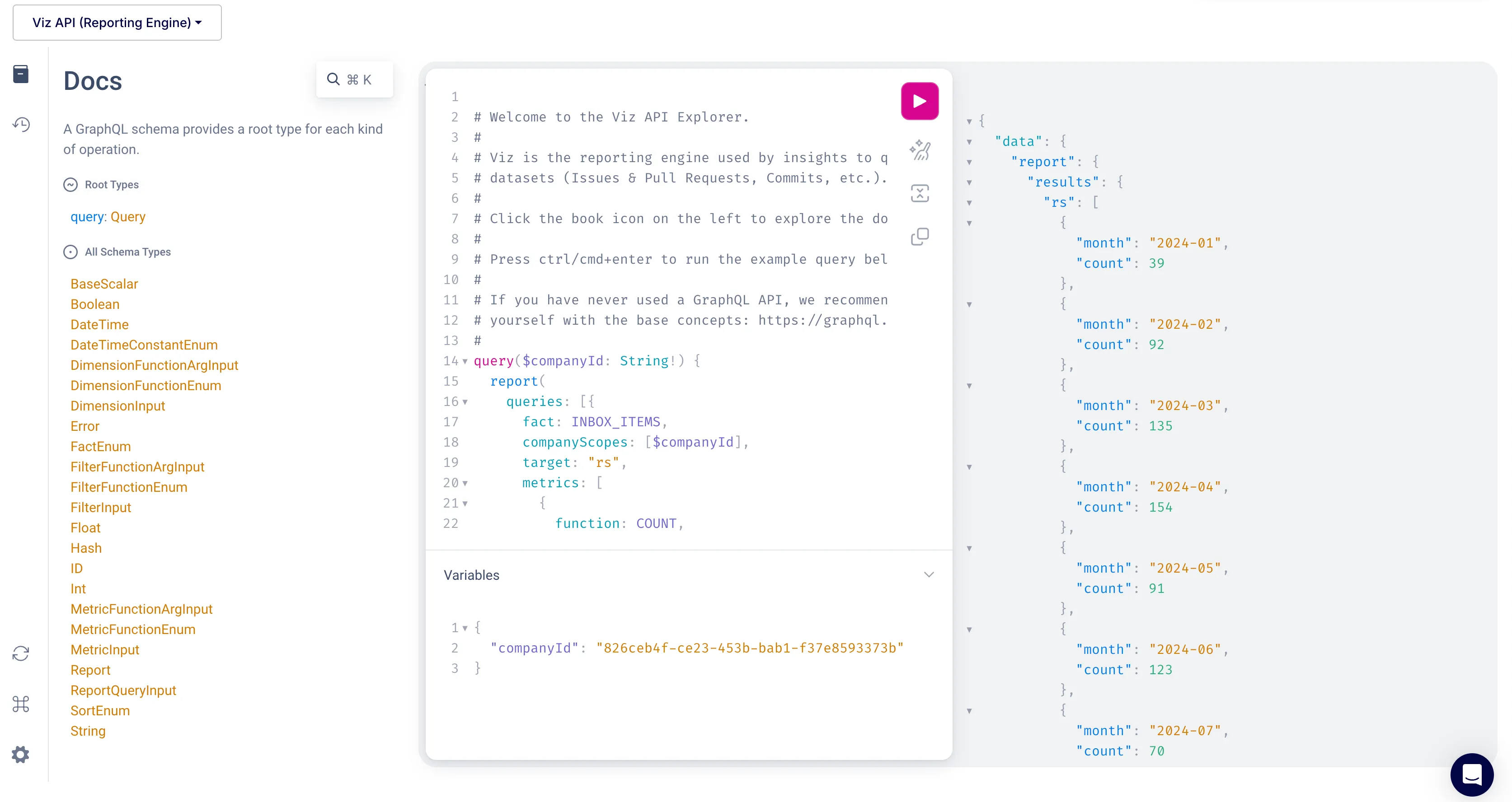 The Keypup API explorer running a reporting engine query